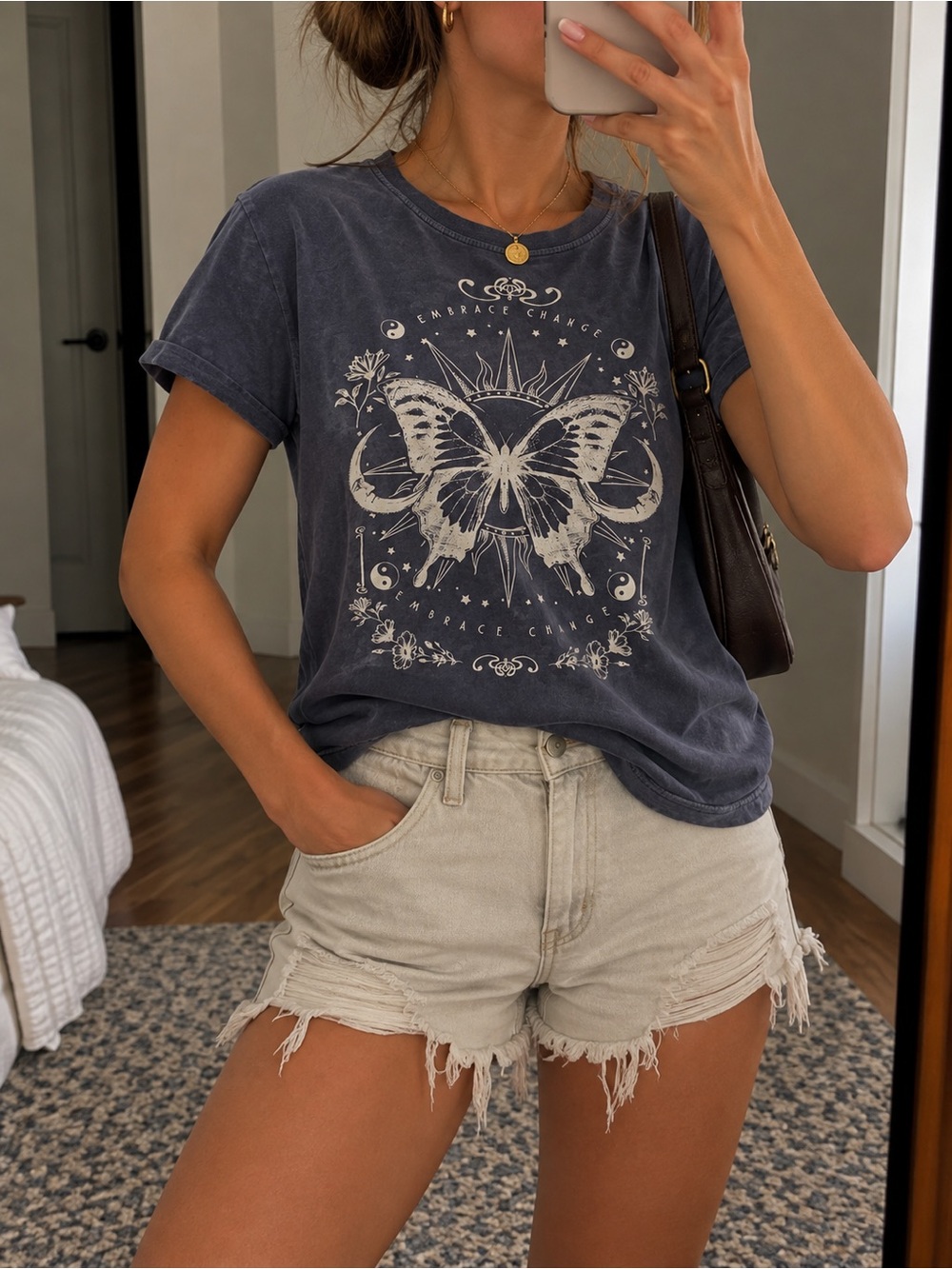 Rebellious One Washed Navy Butterfly Graphic Tee
